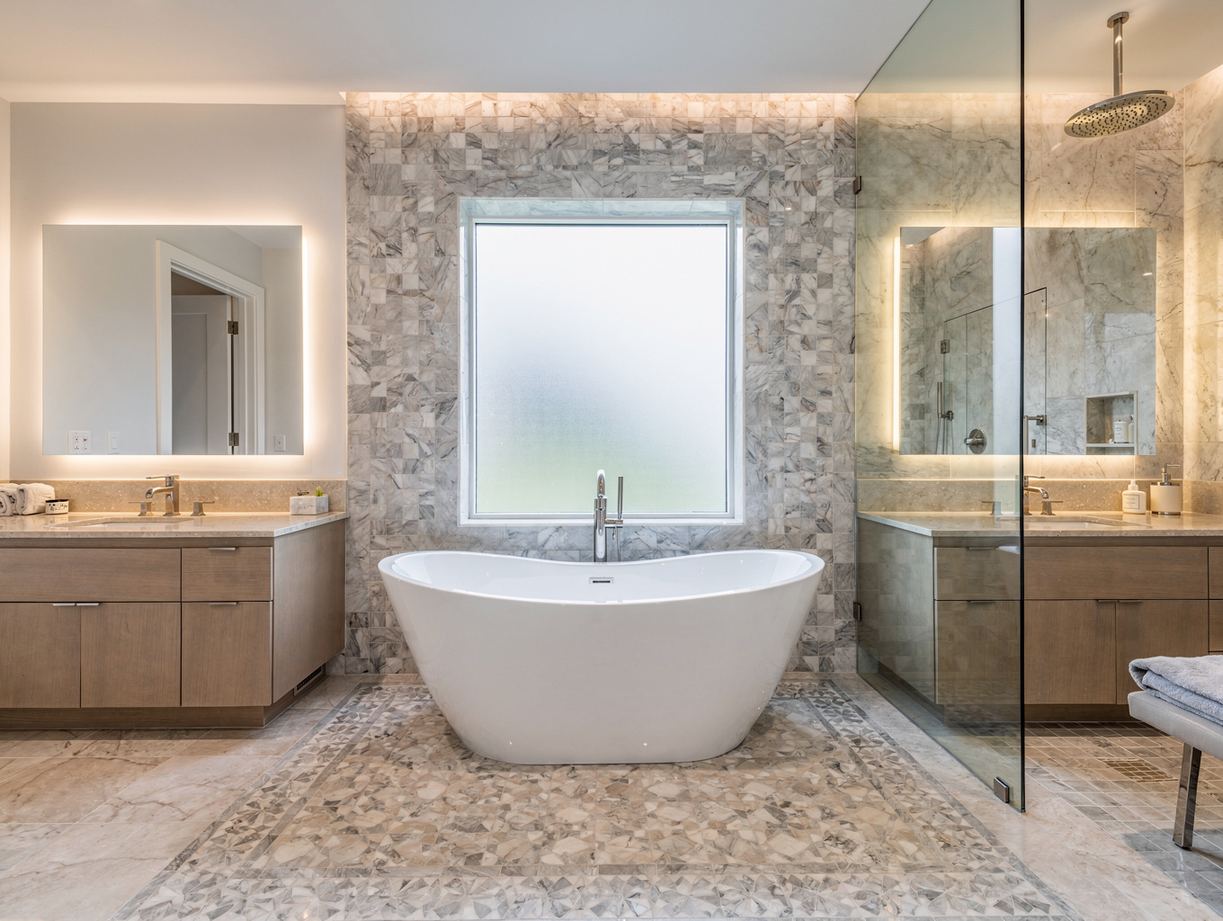 Luxury master bathroom remodel with double vanity and glass shower