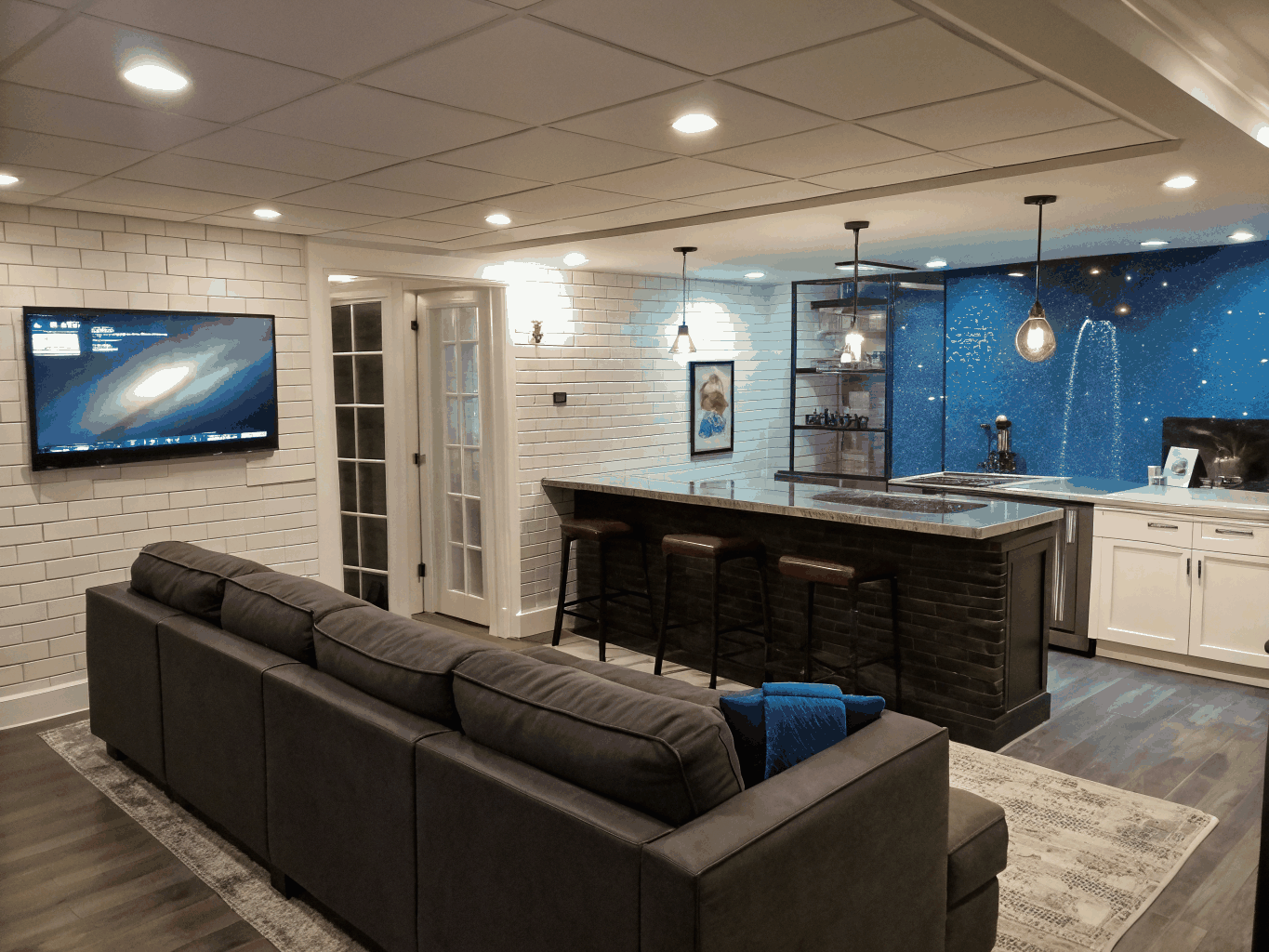 Example design inspiration: finished basement entertainment suite with wet bar