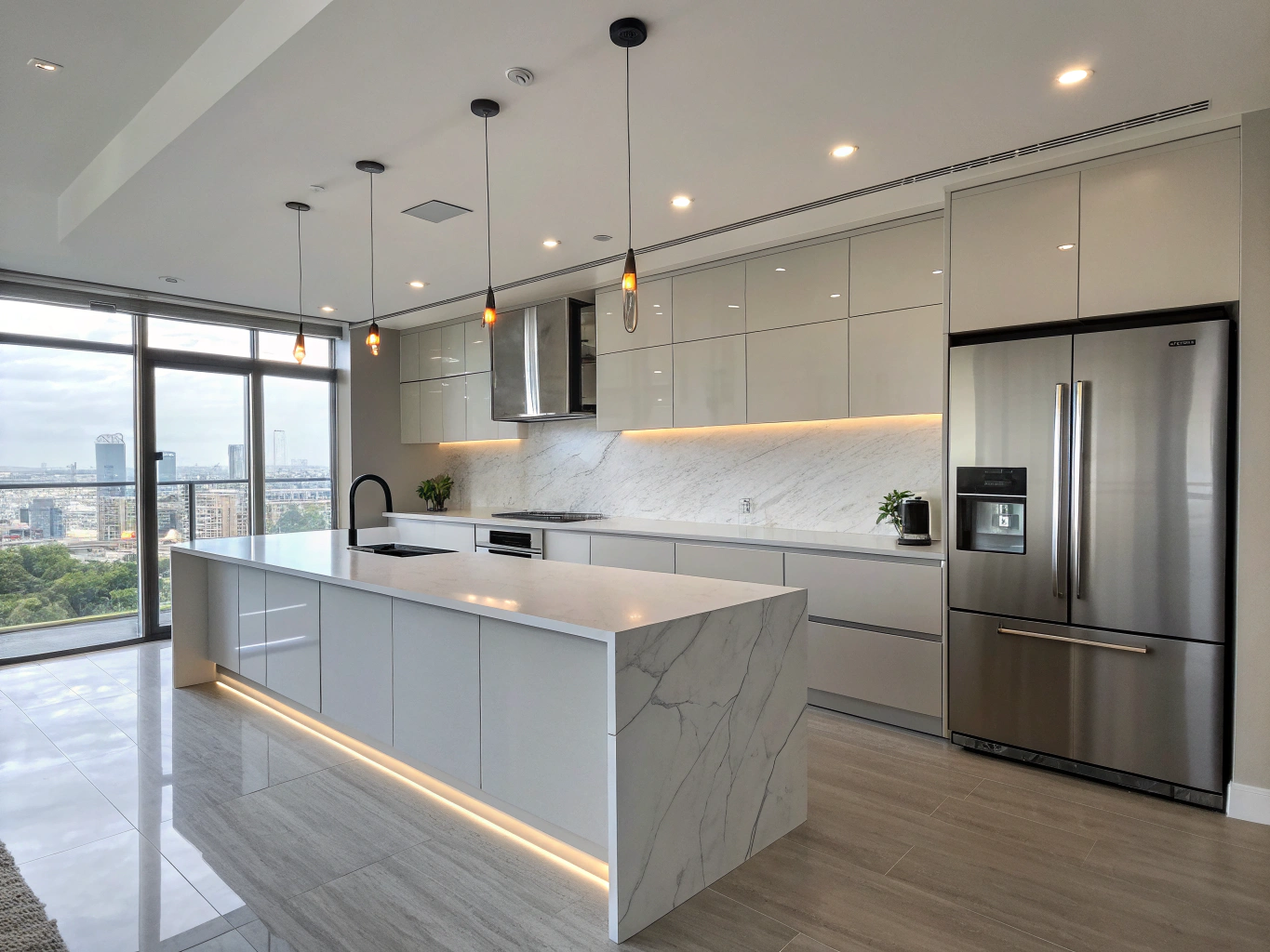 Example design inspiration: luxury kitchen remodel featuring quartzite waterfall island and custom cabinetry